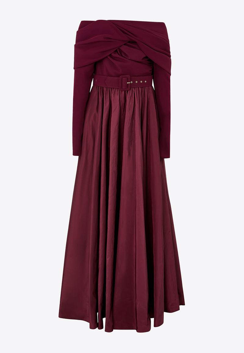 Rhea Costa Halima Off-Shoulder Draped Gown Burgundy 25324D_PREF25_BURGUNDY