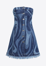 Marmo Print Strapless Mini Denim Dress