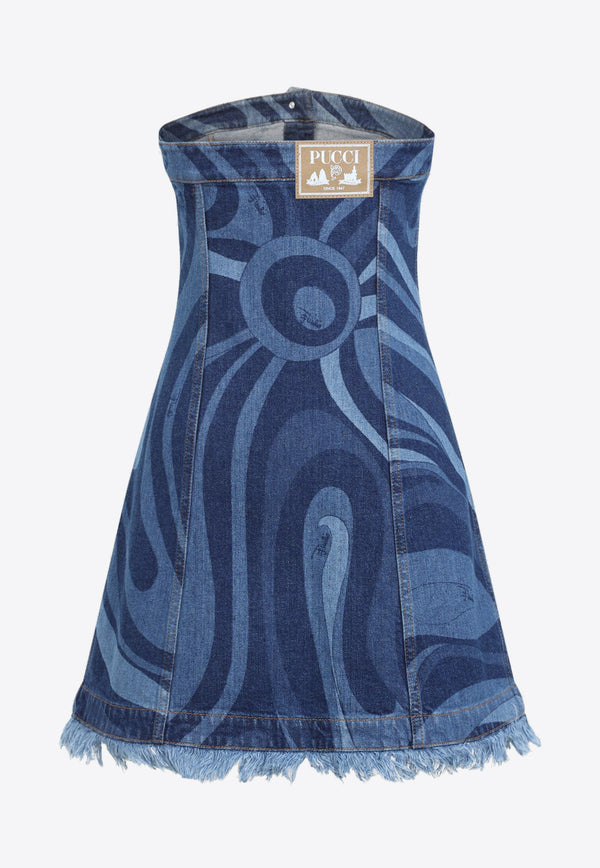 Marmo Print Strapless Mini Denim Dress