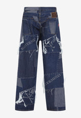 Patchwork Distressed Straight-Leg Jeans