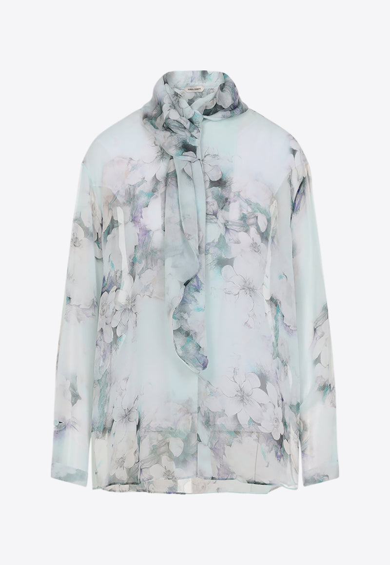 Floral Print Chiffon Blouse with Knot Tie