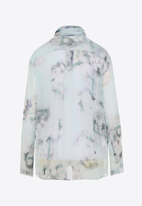 Floral Print Chiffon Blouse with Knot Tie