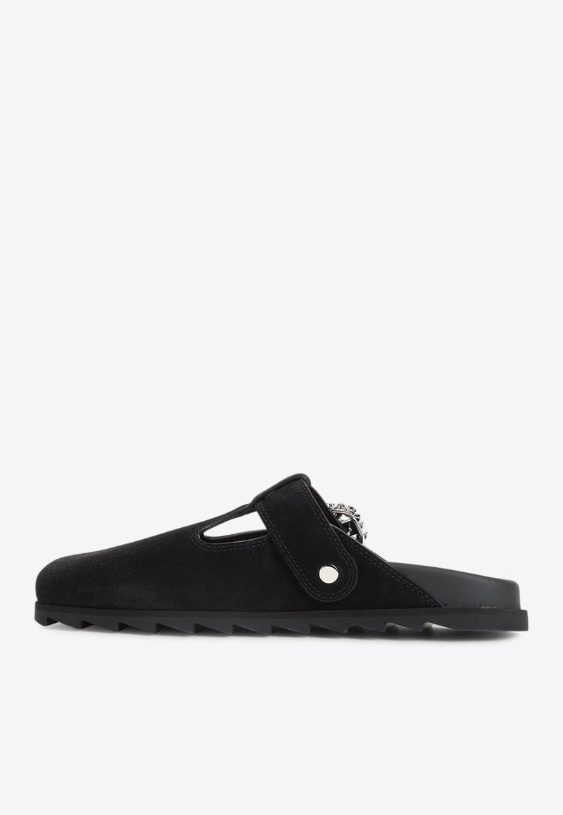 Slidy Viv' Crystal Buckle Mules in Suede