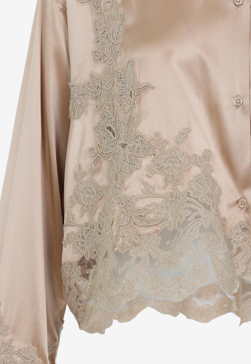 Lace-Insert Satin Shirt