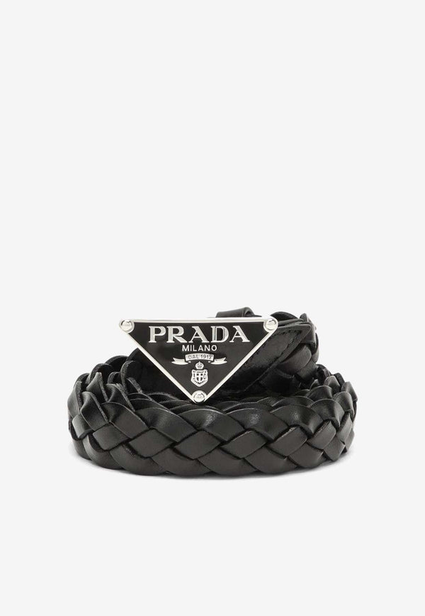 Prada Triangle Logo Buckle Braided Leather Belt Black 2CS1142A7P/O_PRADA-F0002