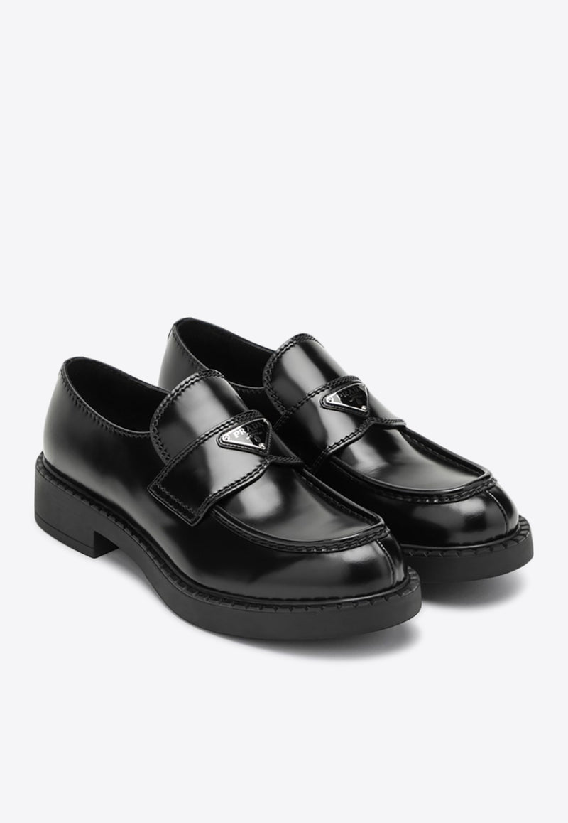 Prada Triangle Logo Chocolate Brushed Leather Loafers Black 2DE127G000055/Q_PRADA-F0002