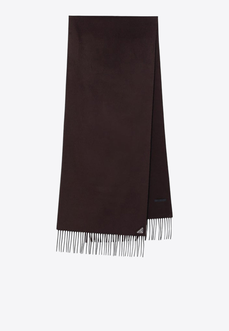 Prada Triangle Logo Silk and Cashmere Fringed Scarf Brown 2FS0652COP/R_PRADA-F0038