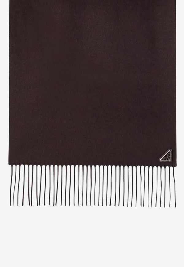Prada Triangle Logo Silk and Cashmere Fringed Scarf Brown 2FS0652COP/R_PRADA-F0038