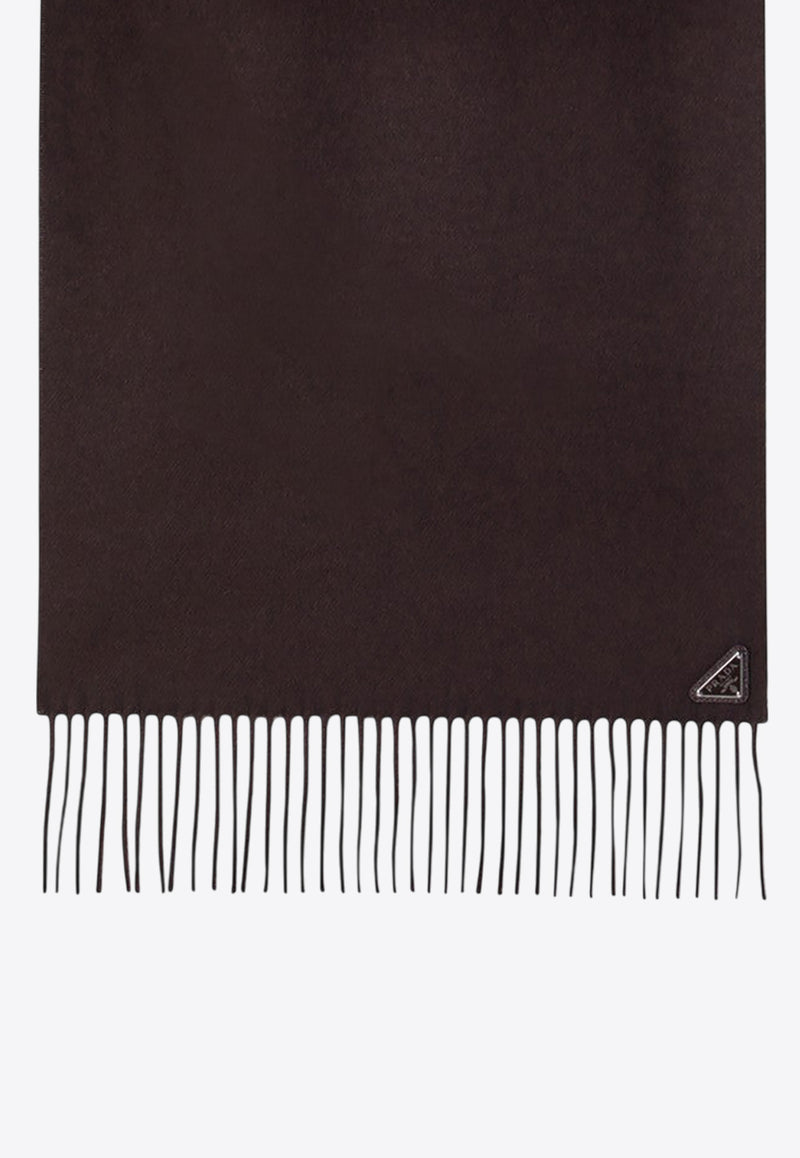 Prada Triangle Logo Silk and Cashmere Fringed Scarf Brown 2FS0652COP/R_PRADA-F0038