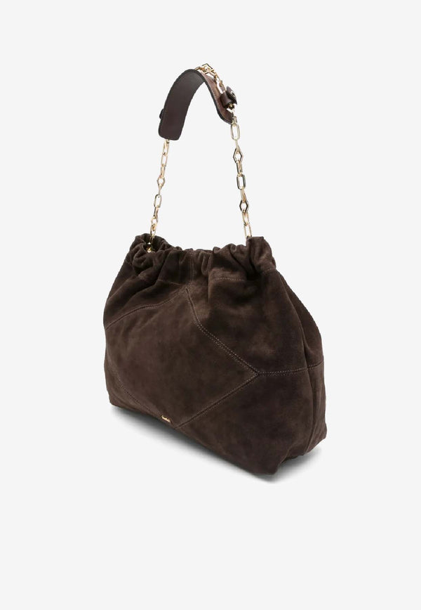 ba&sh Large June Suede Shoulder Bag Chocolate 2H24CFMS_CHOCOLATE