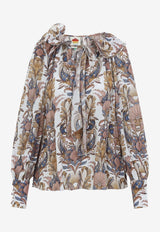 Printed Long-Sleeved Ruffled Blouse