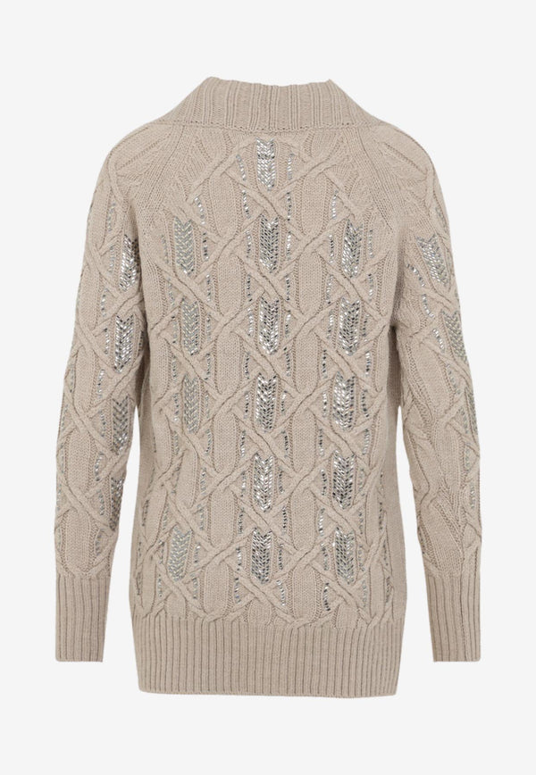 Crystal-Embellished Cable-Knit Cardigan