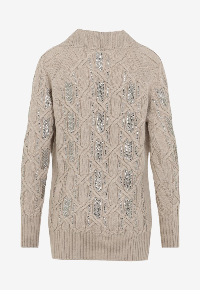 Crystal-Embellished Cable-Knit Cardigan