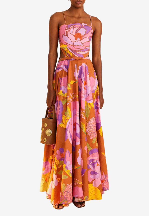 Farm Rio Floral Maxi Dress in Linen Blend Multicolor 309596BROWN MULTI