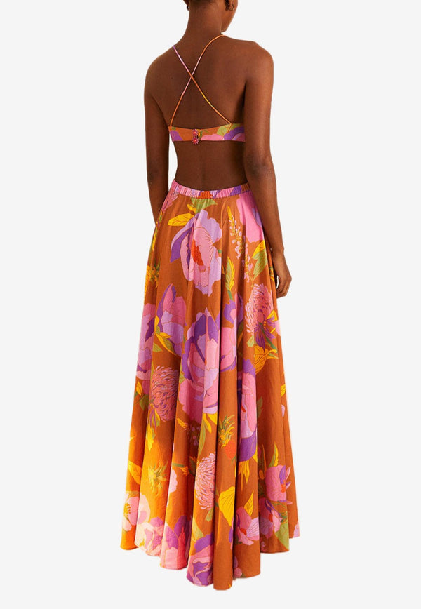 Farm Rio Floral Maxi Dress in Linen Blend Multicolor 309596BROWN MULTI