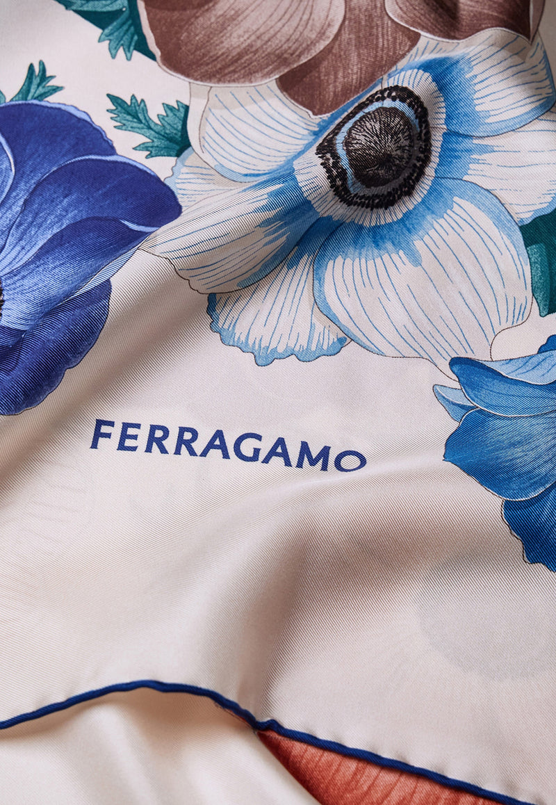 Ferragamo Anemone Print Silk Scarf White 310175 FO ANEMONI 786601 IVORY/BLU/COTTO