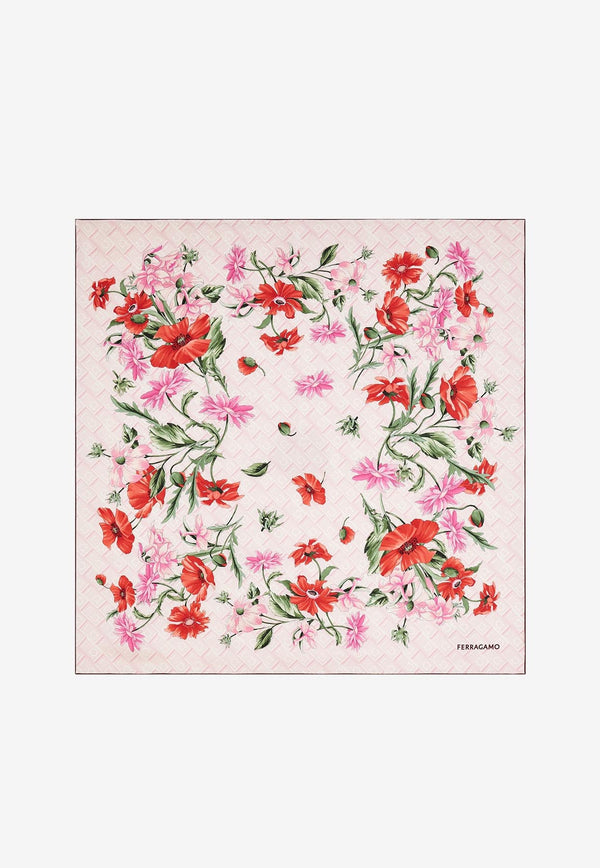 Ferragamo Floral Bouquet Print Silk Scarf Pink 310193 FO MONOFLOW 779525 COTTON CANDY
