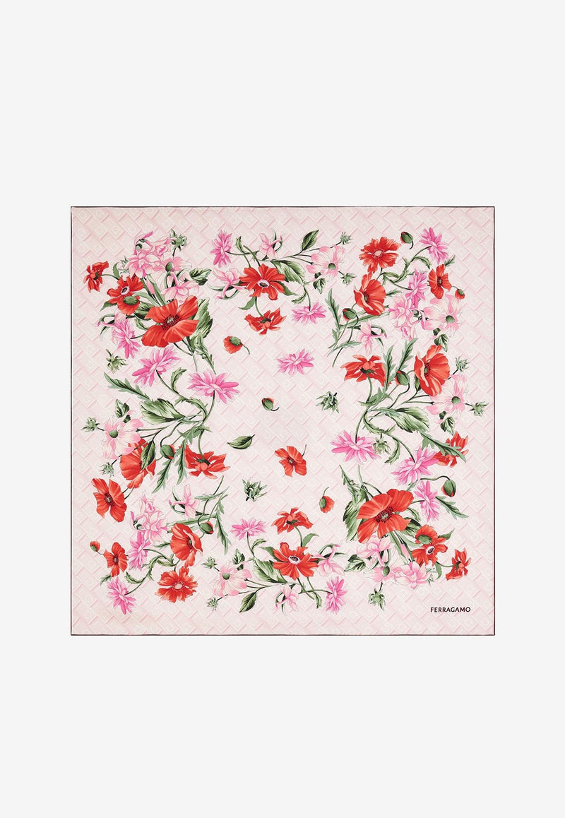 Ferragamo Floral Bouquet Print Silk Scarf Pink 310193 FO MONOFLOW 779525 COTTON CANDY