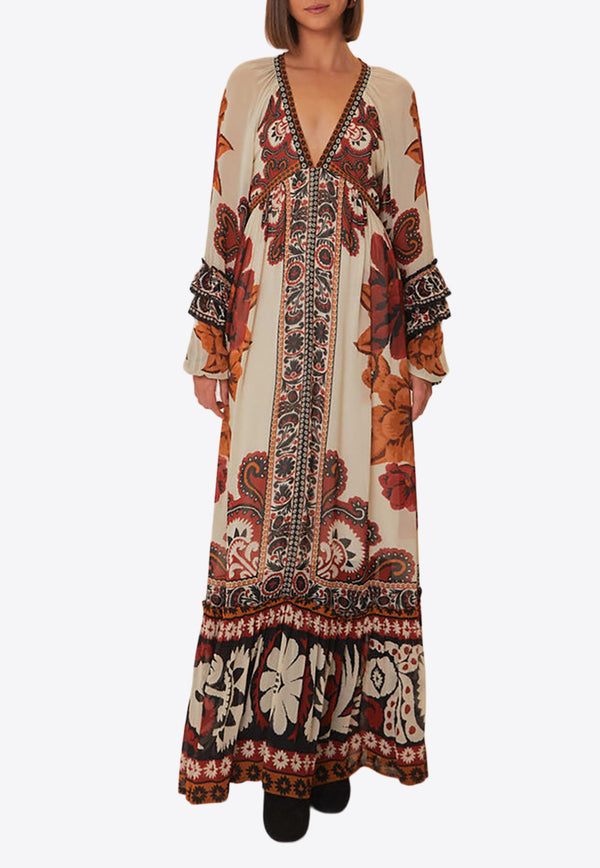 Farm Rio Winter Tapestry Printed Maxi Dress Beige 314824BROWN