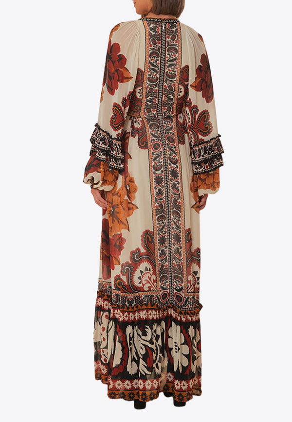 Farm Rio Winter Tapestry Printed Maxi Dress Beige 314824BROWN