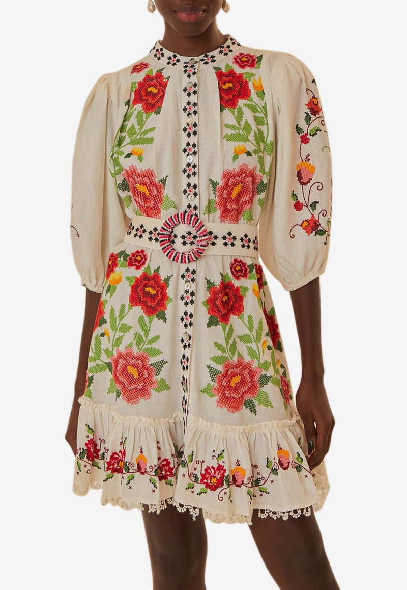 Farm Rio Floral Embroidered Mini Dress Multicolor 318237WHITE MULTI