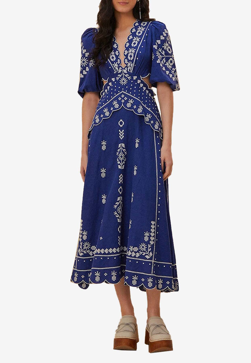 Farm Rio V-neck Embroidered Midi Dress with Cut-Out Detail Blue 318364BLUE