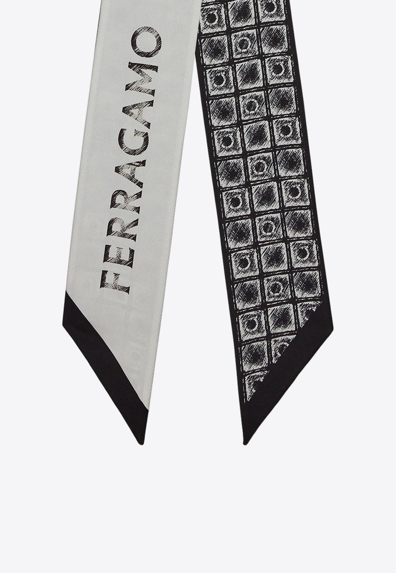 Salvatore Ferragamo Graphic Logo Silk Tie Scarf 320845 TW ETCHED C 771453 BLACK/IVORY