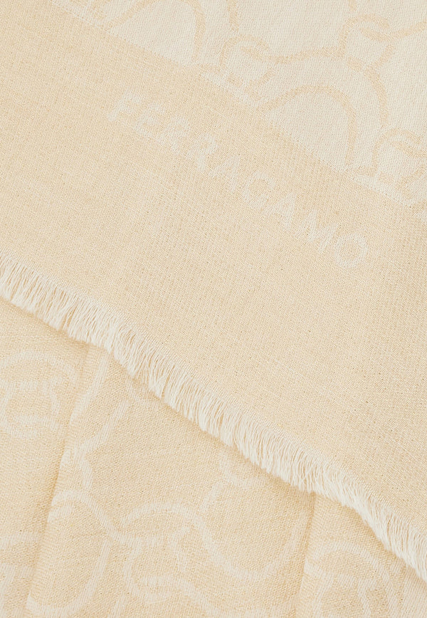 Salvatore Ferragamo Wool-Blend Logo Jacquard Shawl 320850 SL WAVELUX 771760 SAND/GOLD