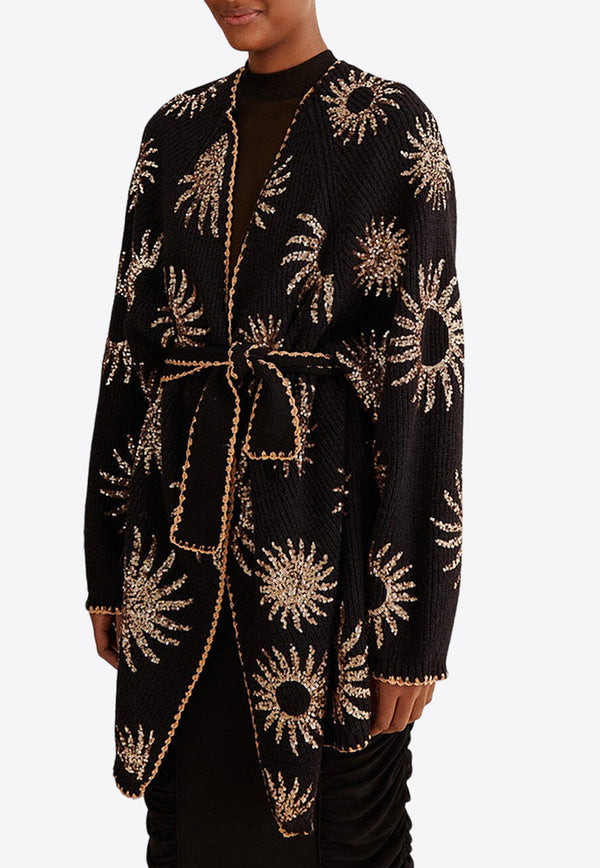 Farm Rio Sequin-Embroidered Belted Knit Sun Cardigan Black 320887BLACK GOLD