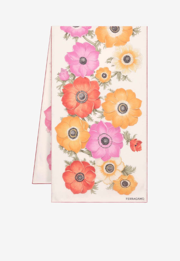 Salvatore Ferragamo Anemone Print Silk Scarf Ivory 320915 SR ANEMONI2 775579 IVORY/ROSE