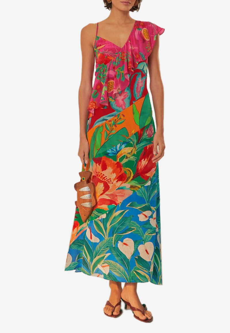 Farm Rio Mixed Flowery One-Shoulder Midi Dress Multicolor 321160MULTICOLOUR