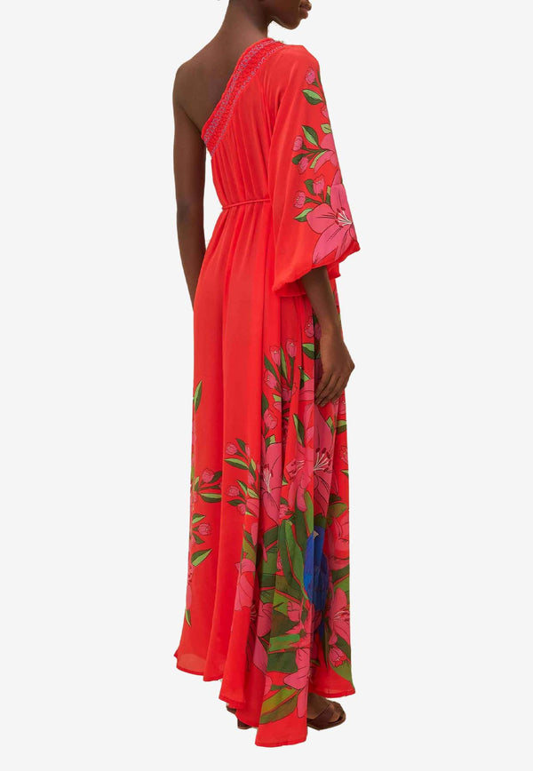 Farm Rio Summer Foliage Scarf One-Shoulder Maxi Dress Red 321395RED MULTI