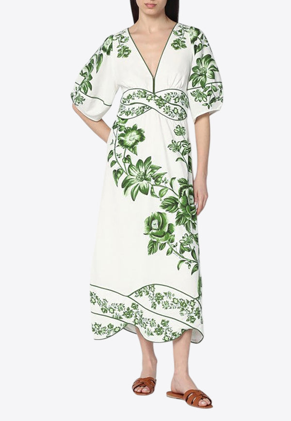 Farm Rio Floral Cascade V-neck Midi Dress White 331950LI/Q_FARM-25057