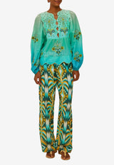Farm Rio Palm Tree Tapestry Wavy Yoke Blouse Turquoise 336569_TURQUOISE