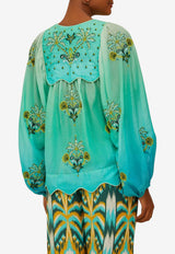 Farm Rio Palm Tree Tapestry Wavy Yoke Blouse Turquoise 336569_TURQUOISE