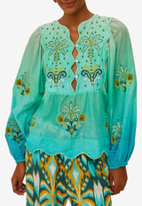 Farm Rio Palm Tree Tapestry Wavy Yoke Blouse Turquoise 336569_TURQUOISE