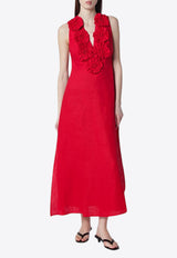 Farm Rio V-neck Euroflax Floral Applique Midi Dress Red 347760CO/S_FARM-L0028