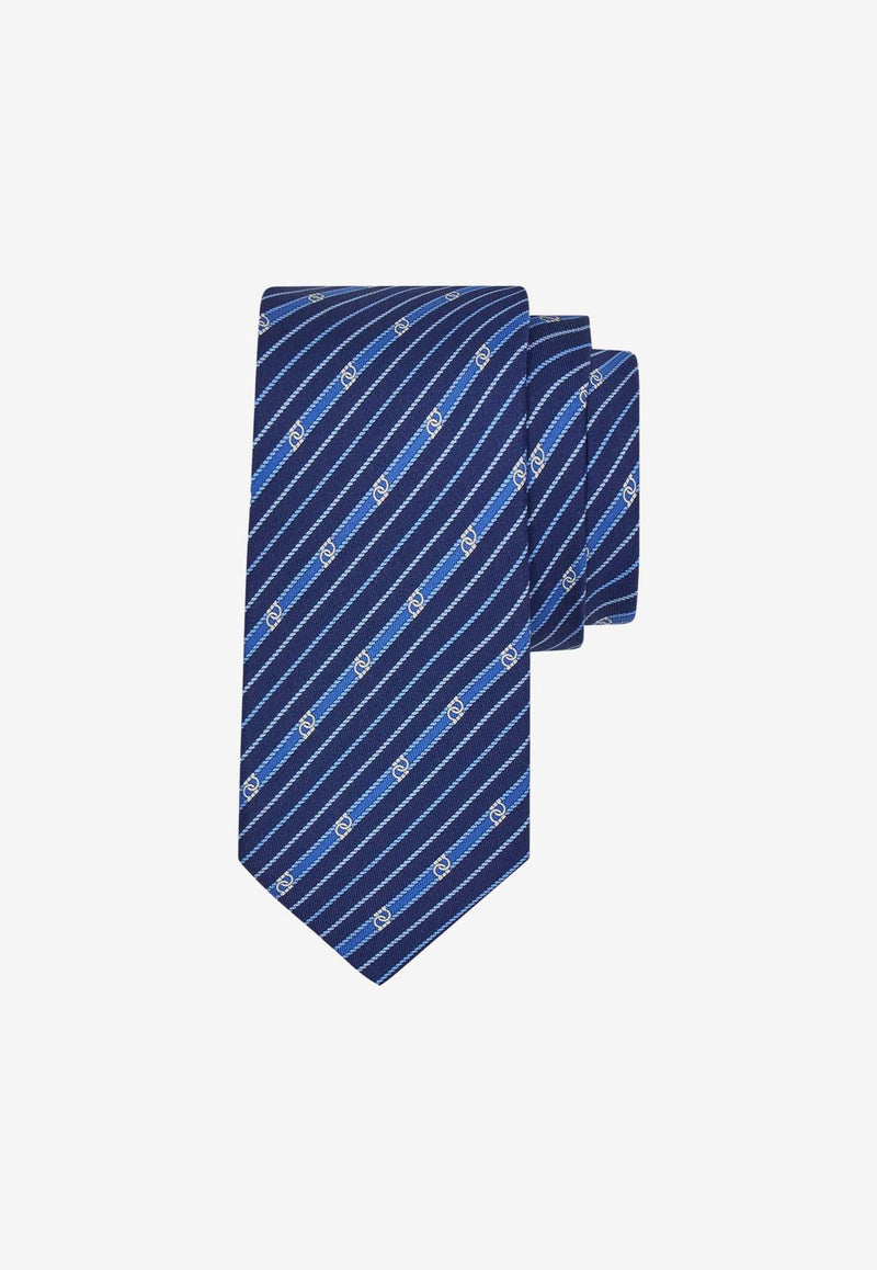 Salvatore Ferragamo Striped Gancini Silk Tie Blue 350946 4 TRECCIA 768514 F MARINE