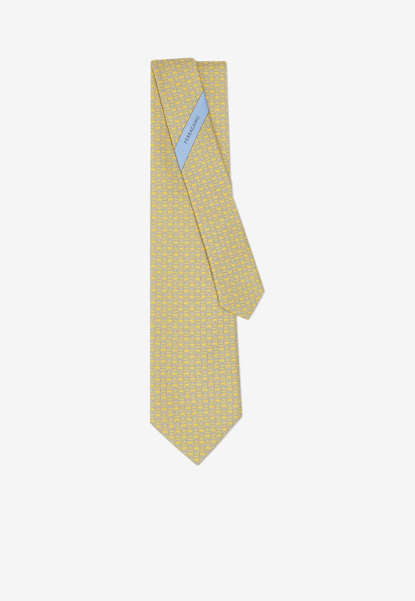 Salvatore Ferragamo Gancini Monogram Print Silk Tie Yellow 350997 4 VIVA 774233 F GIALLO/AZZURRO