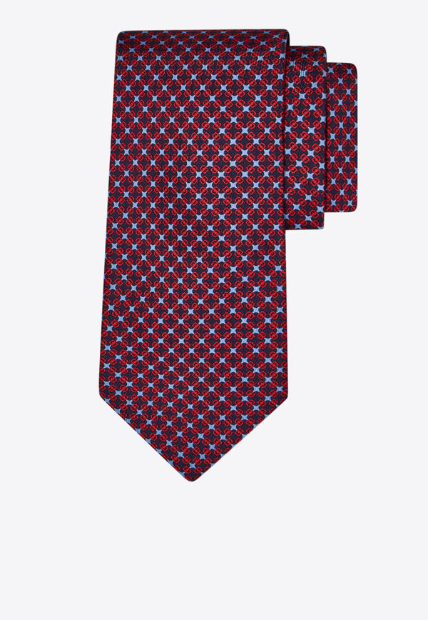 Ferragamo Geometric Print with Vara Plaque Silk Tie Red 351296 5 ASTRO 786492 BLUE PATTERNED DARK