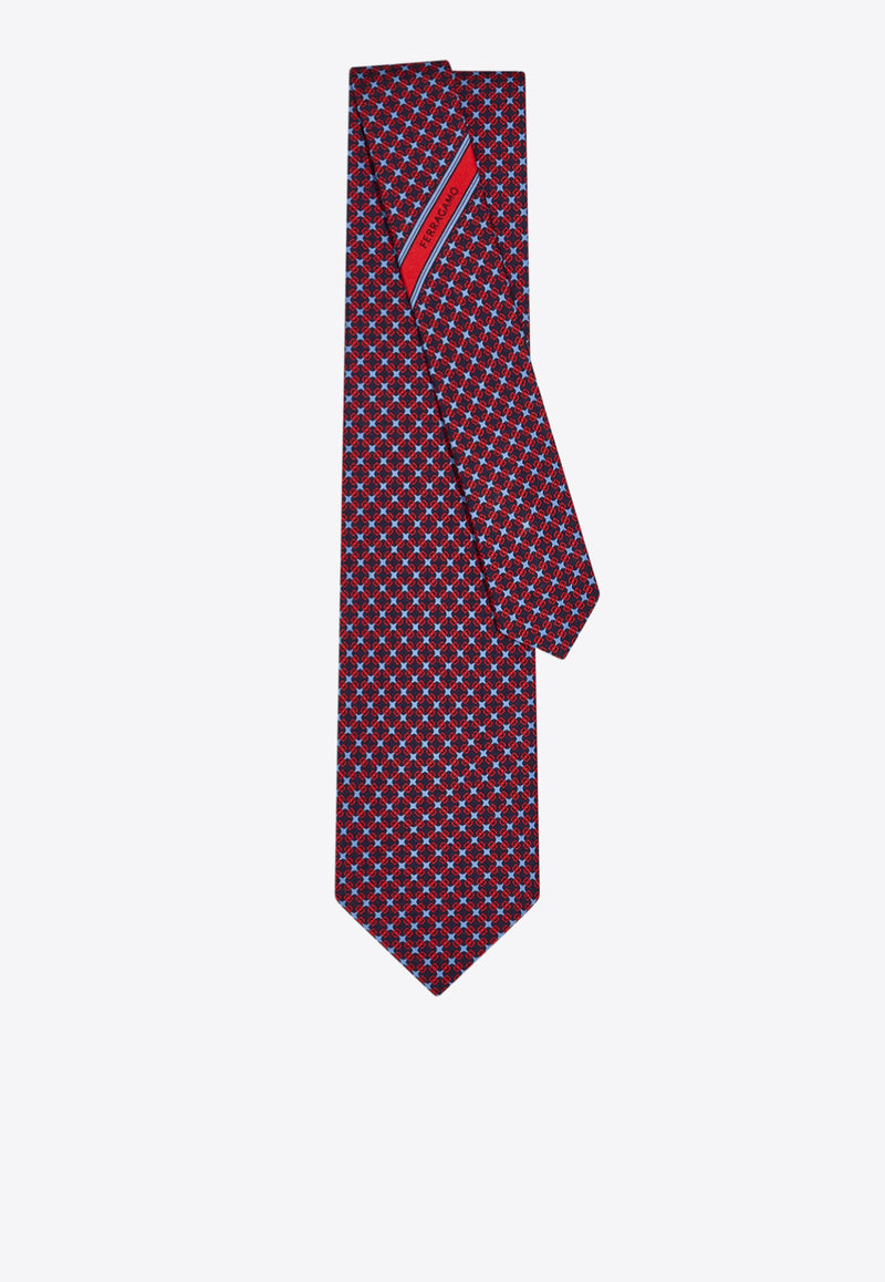 Ferragamo Geometric Print with Vara Plaque Silk Tie Red 351296 5 ASTRO 786492 BLUE PATTERNED DARK