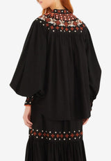 Farm Rio Embroidered Buttoned Blouse Black 351959_BLACK