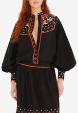 Farm Rio Embroidered Buttoned Blouse Black 351959_BLACK