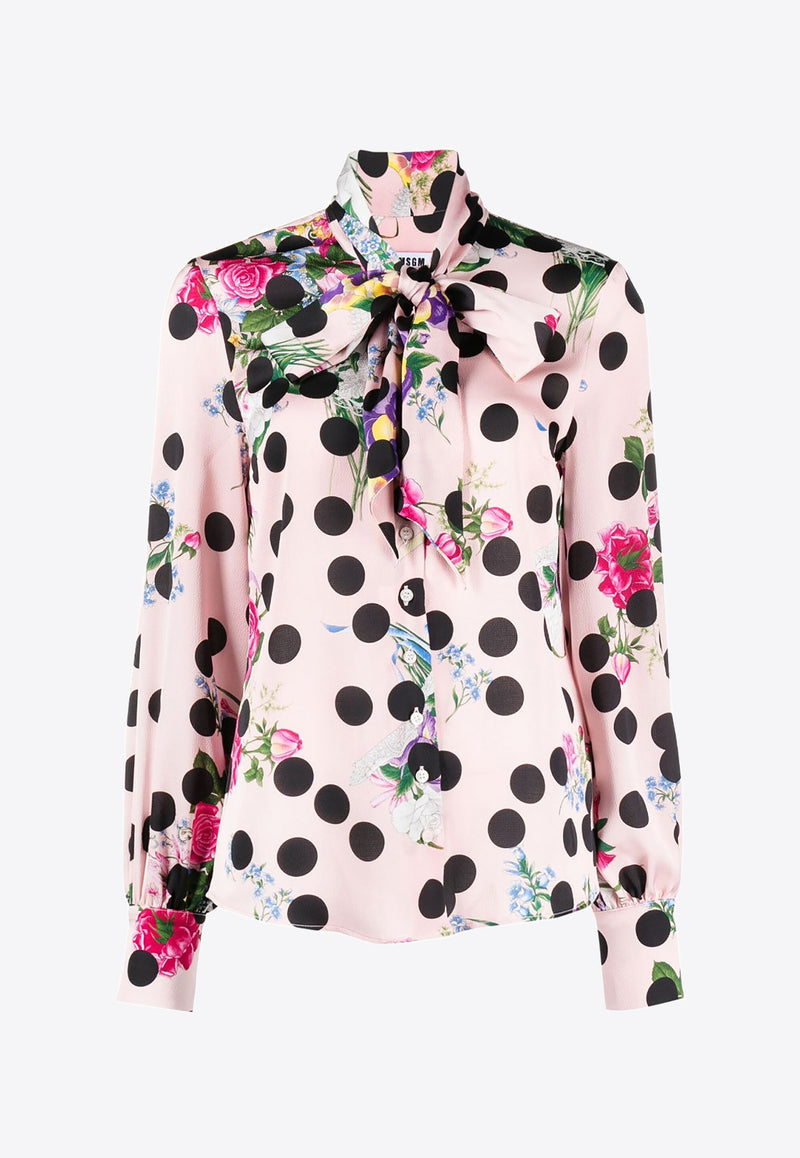 MSGM Floral Print Polka Dot Shirt with Bow Detail 3541MDE01237660PINK