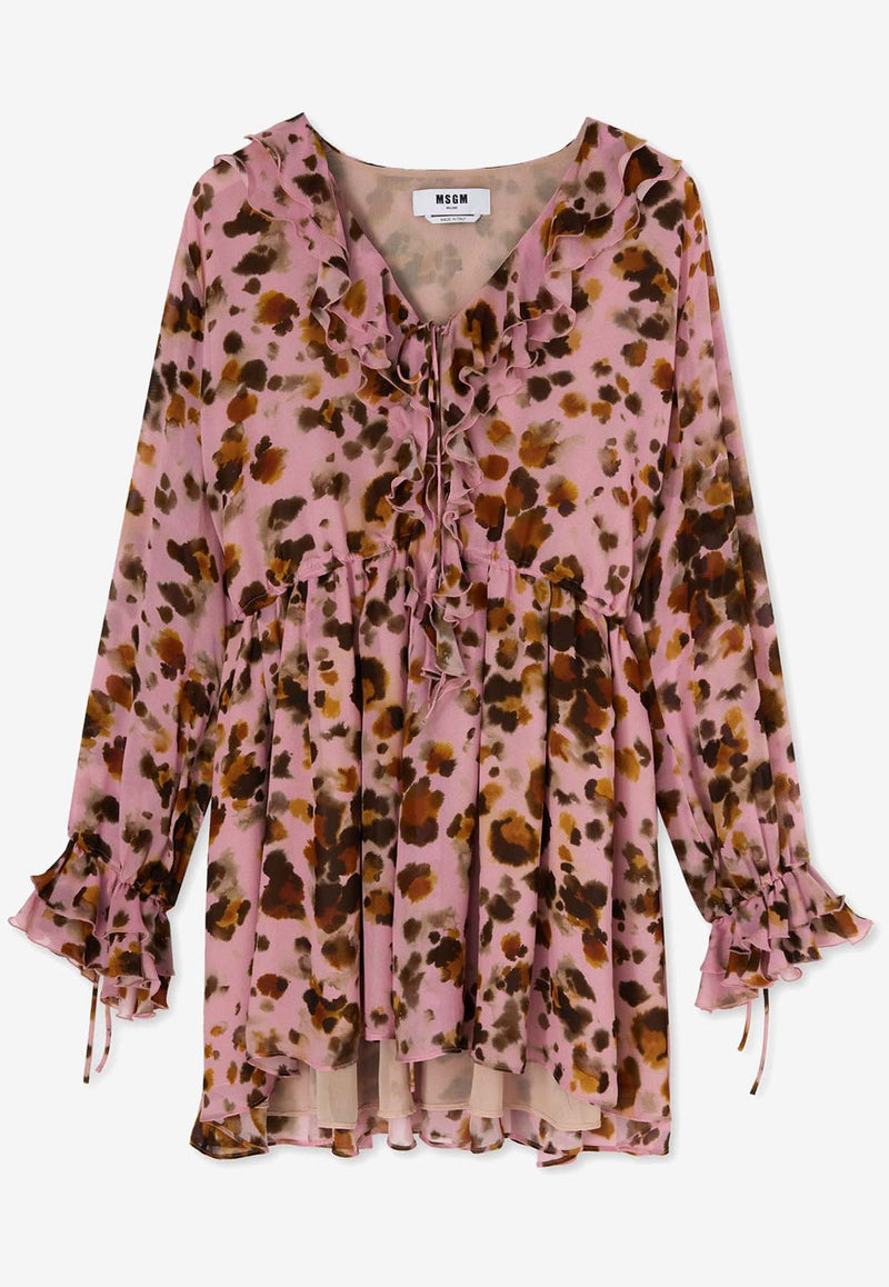 MSGM Leopard Print Ruffled Mini Dress Pink 3641MDA36247151PINK MULTI
