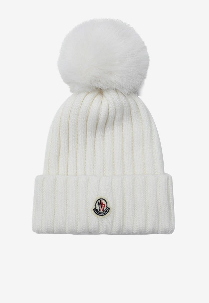 Moncler Logo Patch Pompom Wool Beanie White 3B000-27M1131/P_MONCL-034