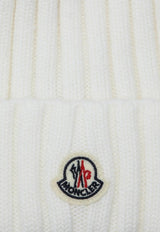 Moncler Logo Patch Pompom Wool Beanie White 3B000-27M1131/P_MONCL-034