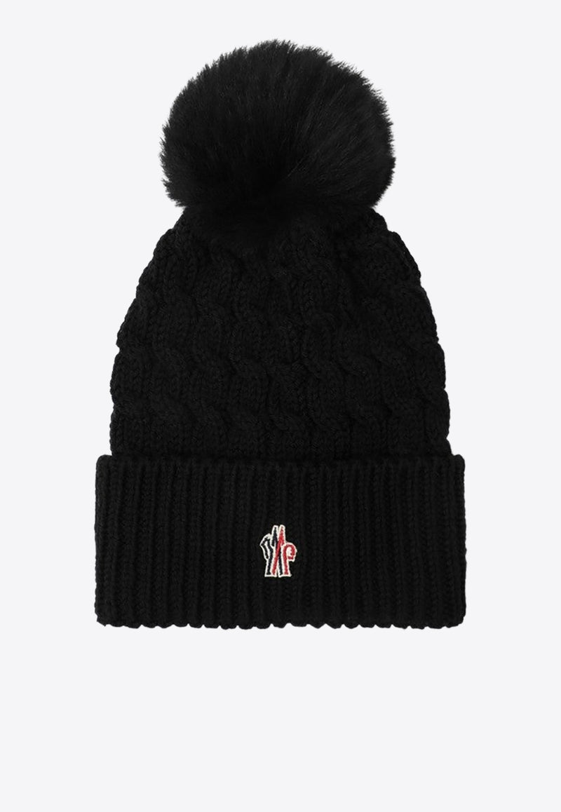 Moncler Grenoble Logo Patch Pompom Wool Beanie Black 3B000120402A/R_MONGR-999