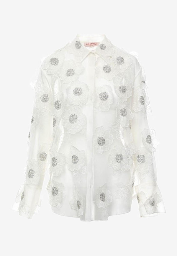 Valentino Floral Embroidered Long-Sleeved Shirt White 3B3AB5001C8 U48