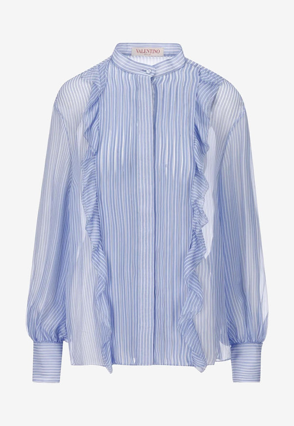 Valentino Stripe Chiffon Long-Sleeved Shirt Light Blue 3B3AB57683E U47